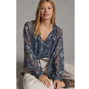Anthropologie Let Me Be Blue Floral Sheer Chiffon Blouse M Puffed Sleeves Boho